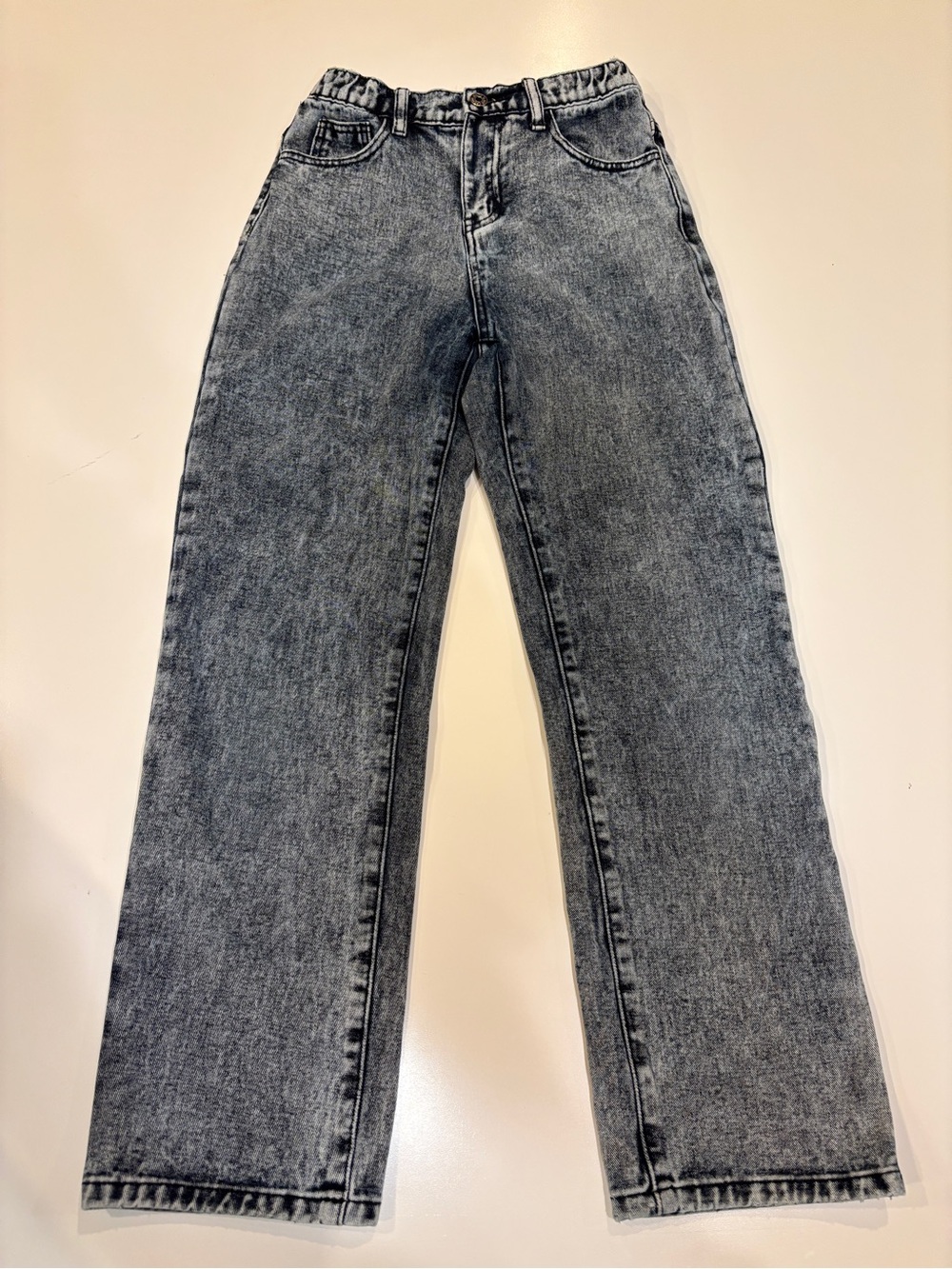 Girls Size 14-16 Black Acid Washed Straight-Leg Kids Jeans High Elastic Waist